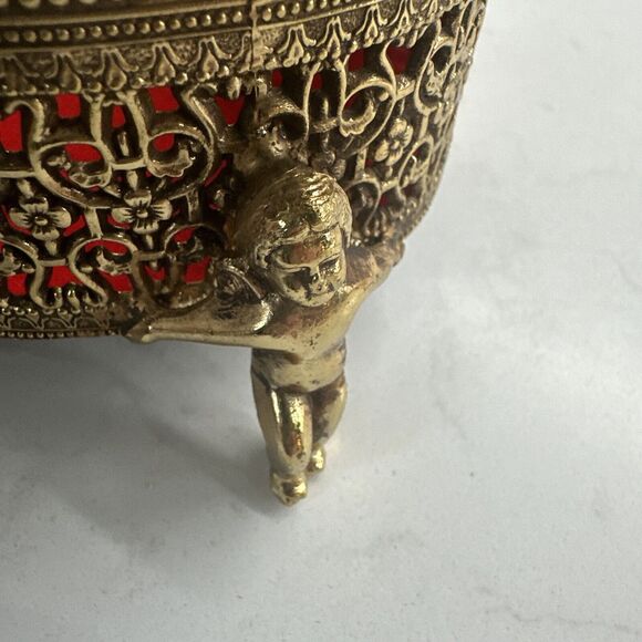 Vintage Ormulu Cherub Vanity Footed Jewelry Trinket Brass Box With Glass Top NIB - Picture 14 of 16